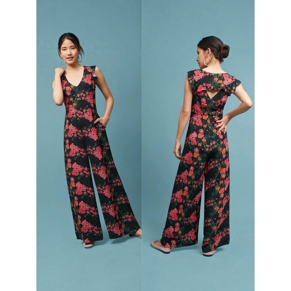 Plenty by Tracy Reese Floral Cutout Back Ruffle Wide Leg Jumpsuit Black Pink L